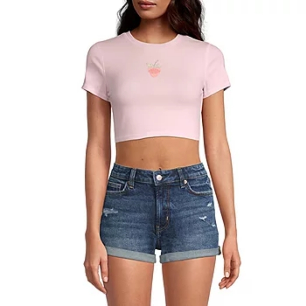Arizona Womens Round Neck Short Sleeve Crop Top Juniors